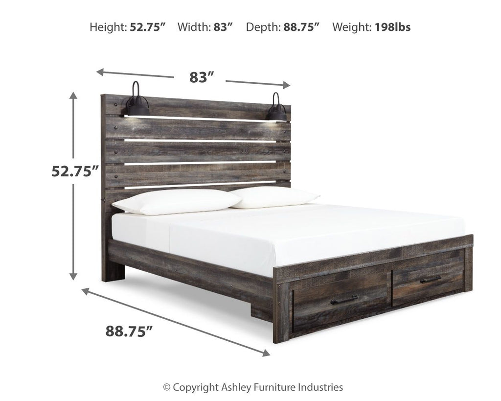 Panel bed with dark wood frame and panel headboard; includes side openings for storage