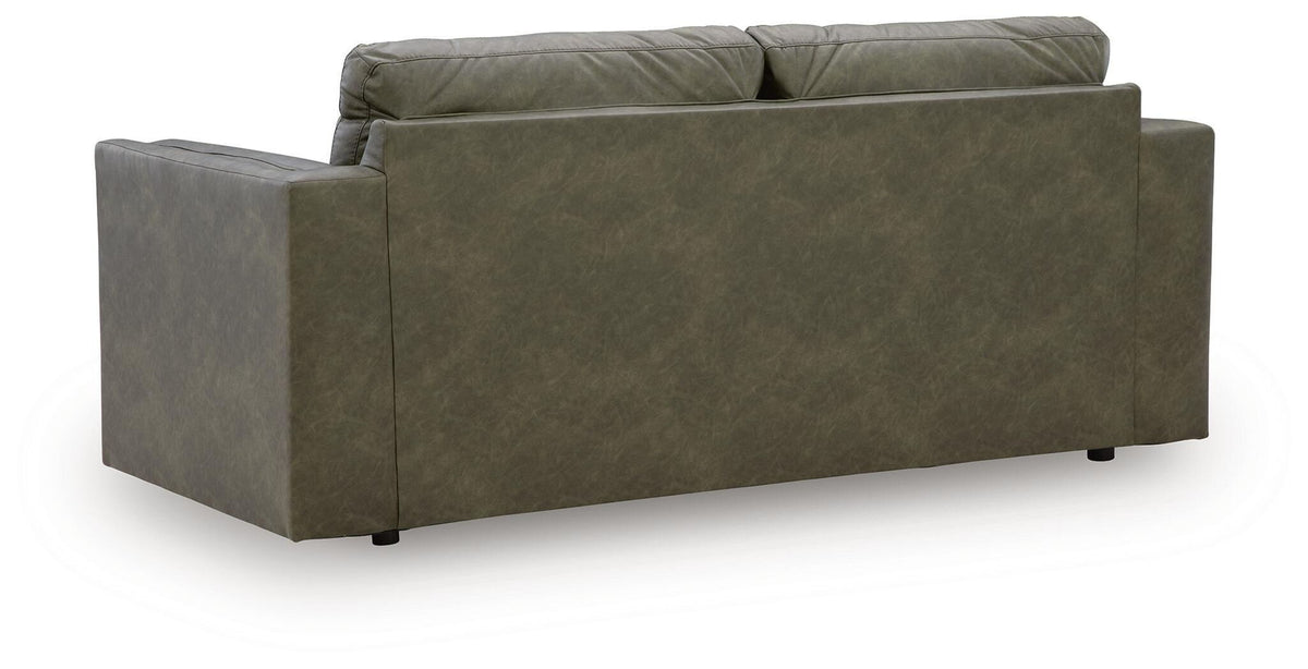 Olive green fabric sofa with square arms and low legs, side view