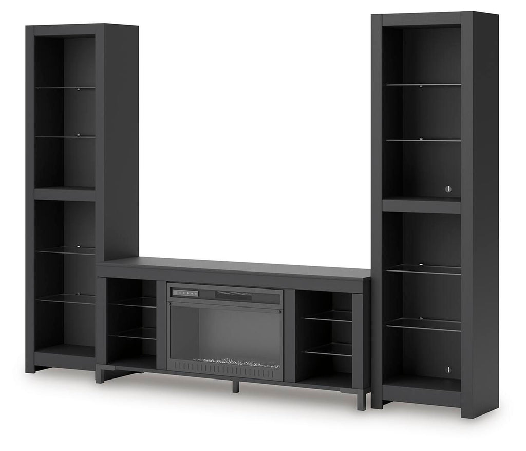 Black entertainment center with electric fireplace insert and tall open side shelves