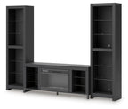 Black entertainment center with electric fireplace insert and tall open side shelves