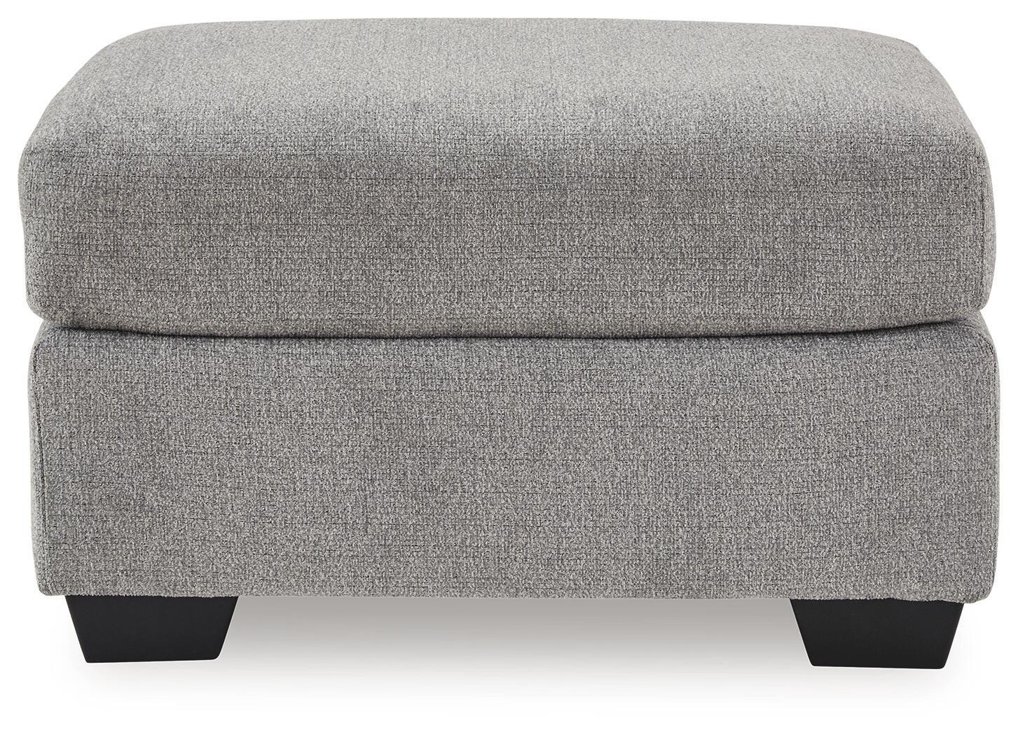 Gray fabric ottoman with padded top and dark legs