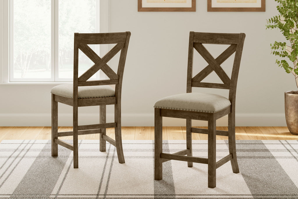 Set of 2 counter barstools with beige cushioned seats and dark X-back frames