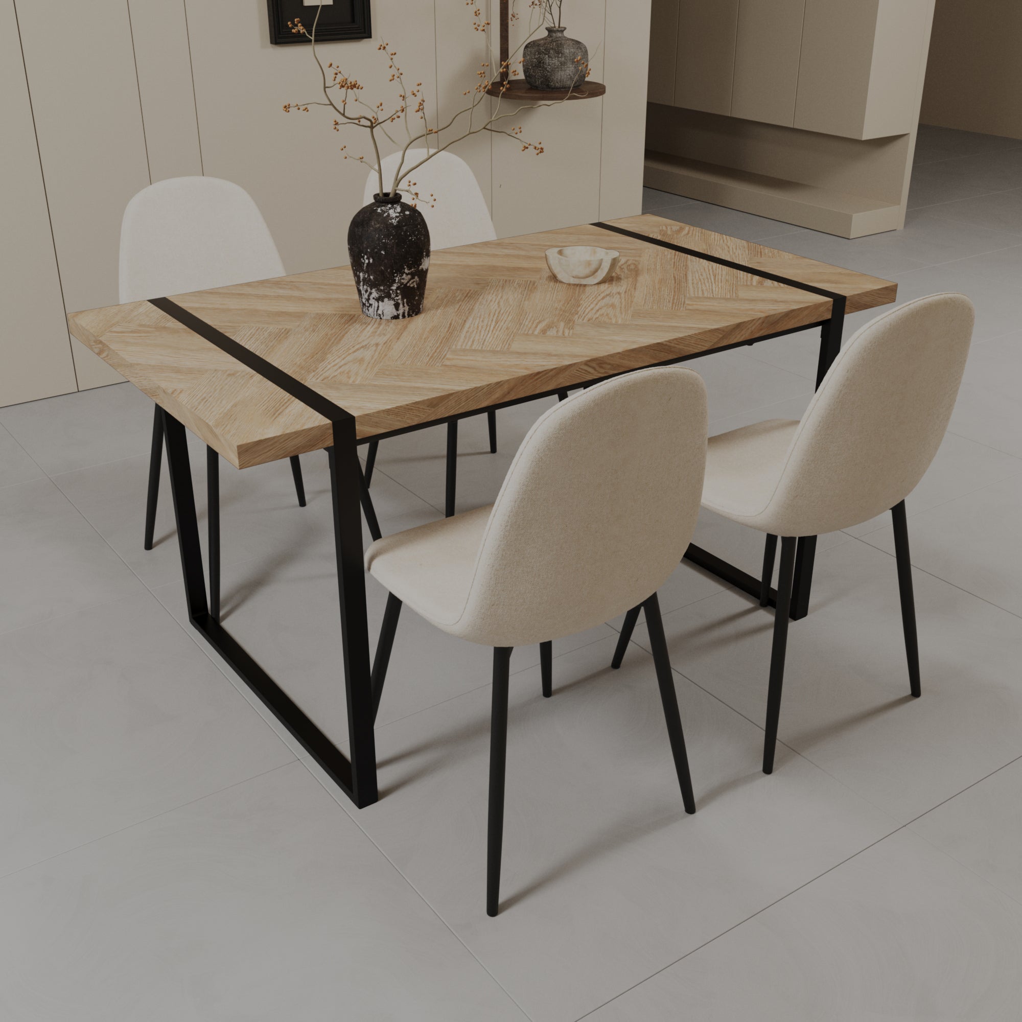 59" Modern Dining Table & 4 Suede Chairs Set