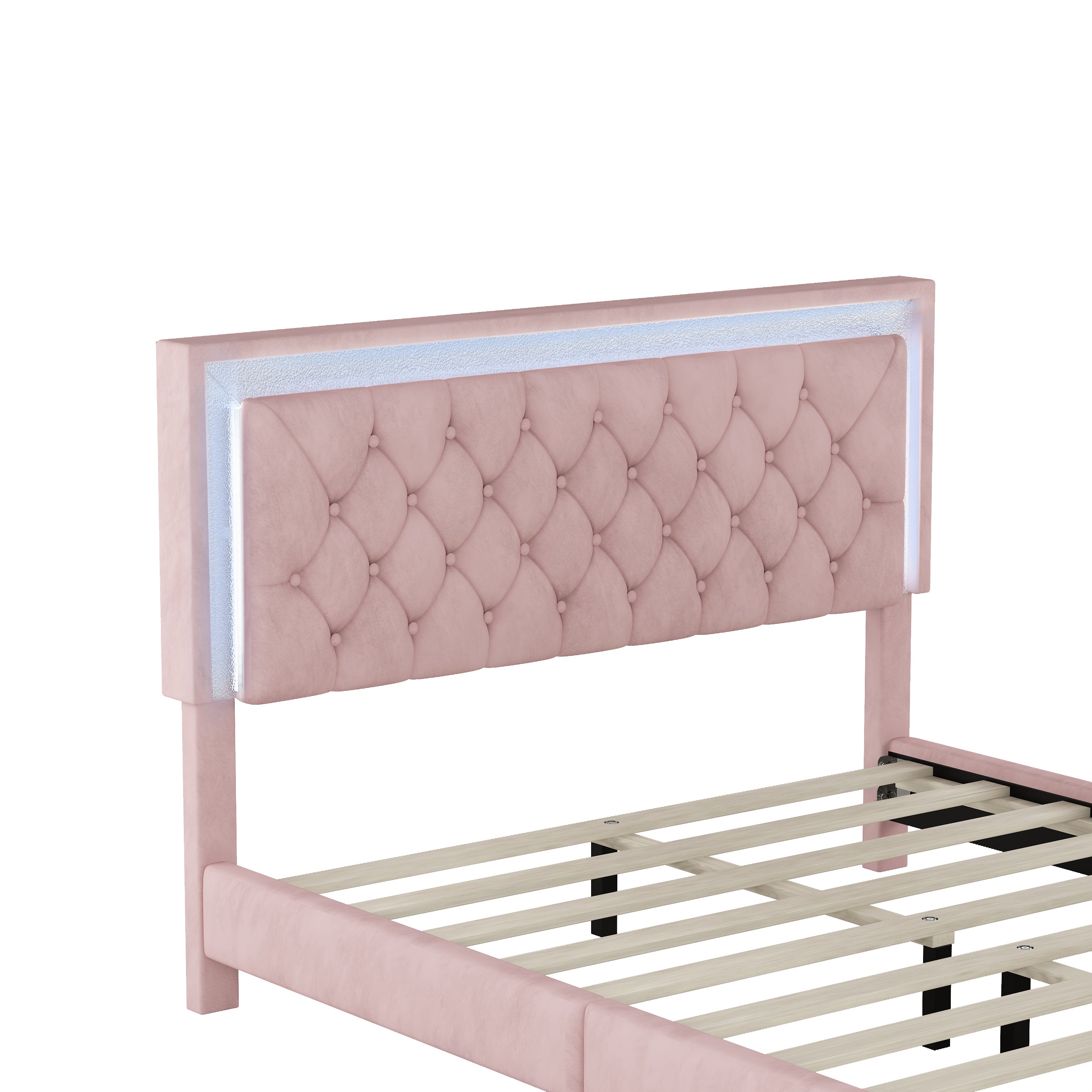 Pink Queen Upholstered Bed Set w/ LED Lights & Nightstands