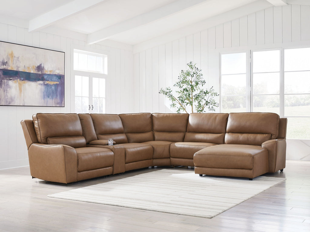 Caramel power reclining sectional sofa with chaise and multiple headrest sections