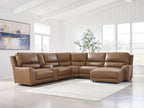 Caramel power reclining sectional sofa with chaise and multiple headrest sections
