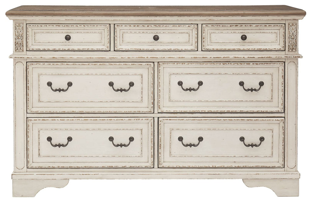 Two-tone dresser with six drawers and dark metal cup handles, close front view.