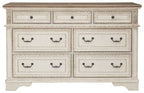 Two-tone dresser with six drawers and dark metal cup handles, close front view.