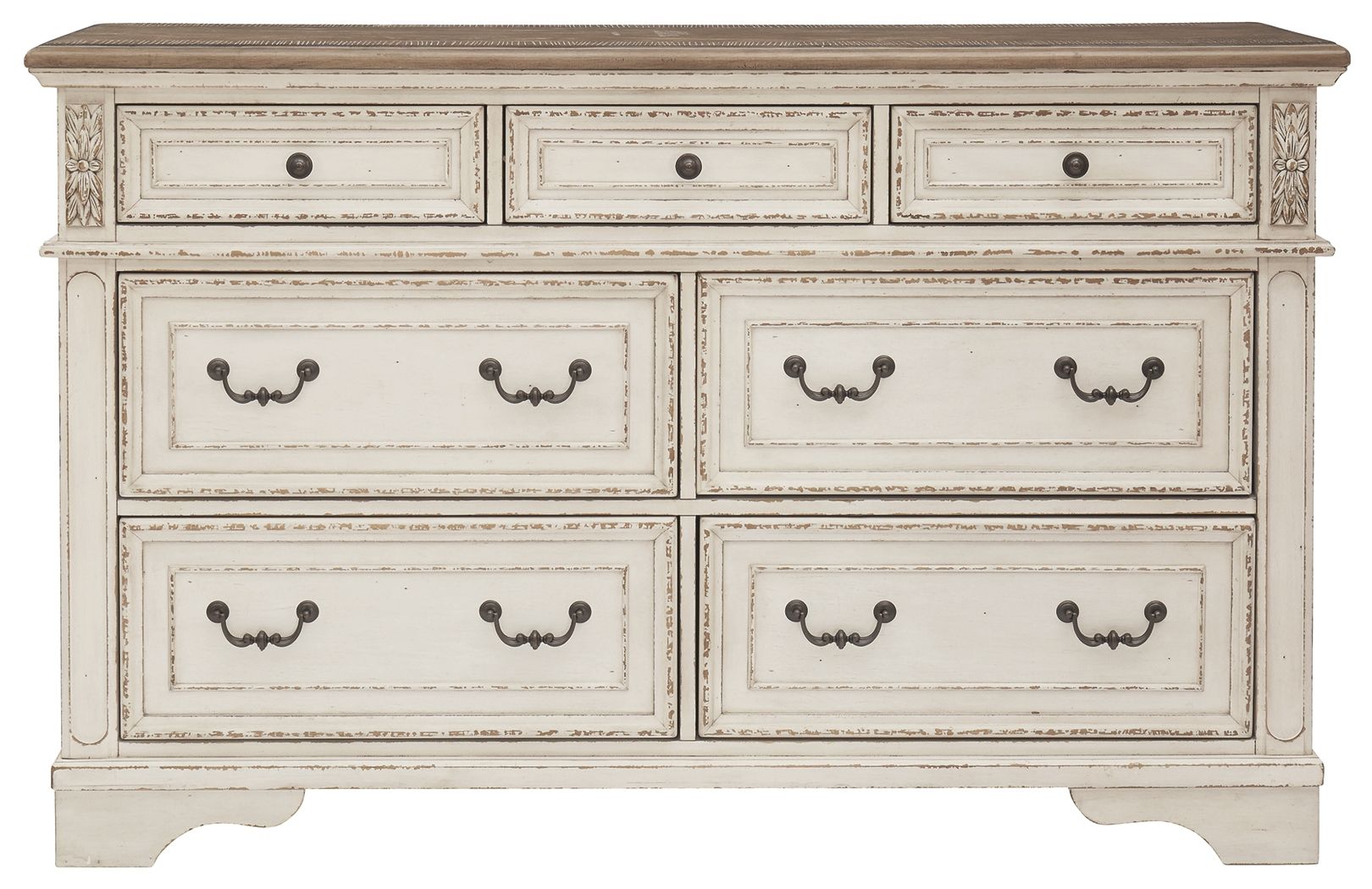 Two-tone dresser with six drawers and dark metal cup handles, close front view.