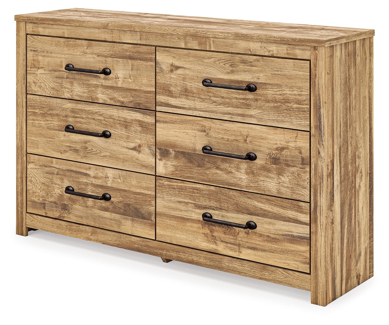 Light brown six-drawer dresser with black bar pulls and visible wood grain texture.