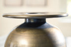 Bronze metal vase close-up showing top rim and neck, dark patina sheen and smooth finish.