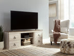 Willowton TV stand with fireplace: light wood console with TV mount, firebox, and drawers