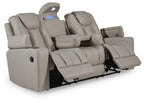 Reclining sofa with adjustable seats and armrests, light beige upholstery