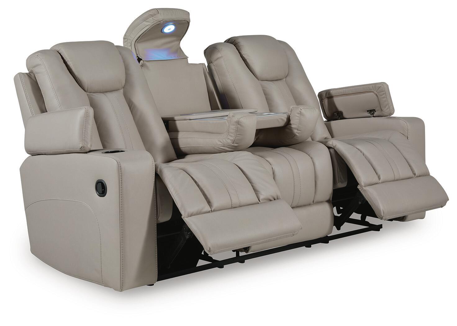 Reclining sofa with adjustable seats and armrests, light beige upholstery