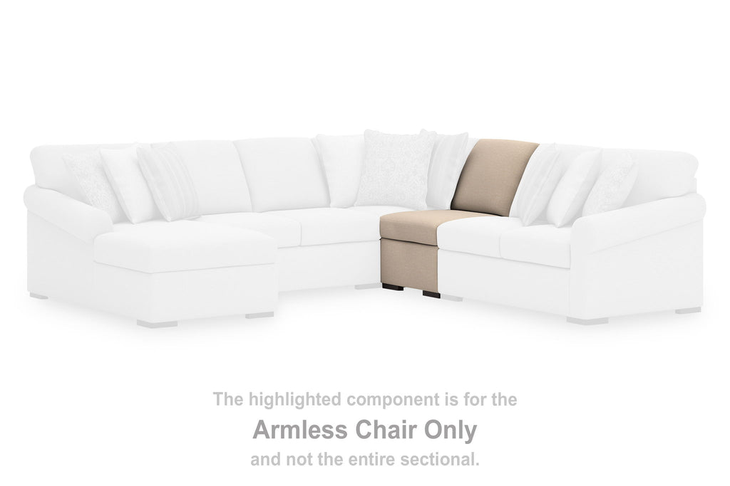 Armless chair component in light beige twill upholstery with tall back cushion