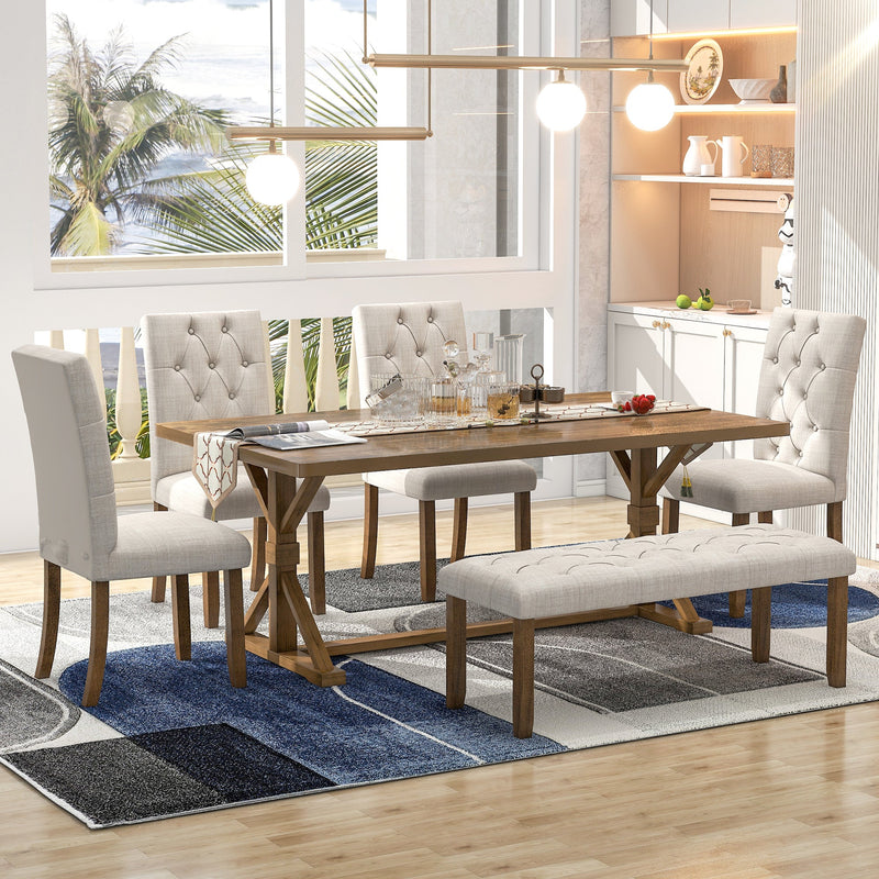 72" Farmhouse Dining Table Set - 6 Pieces, Walnut