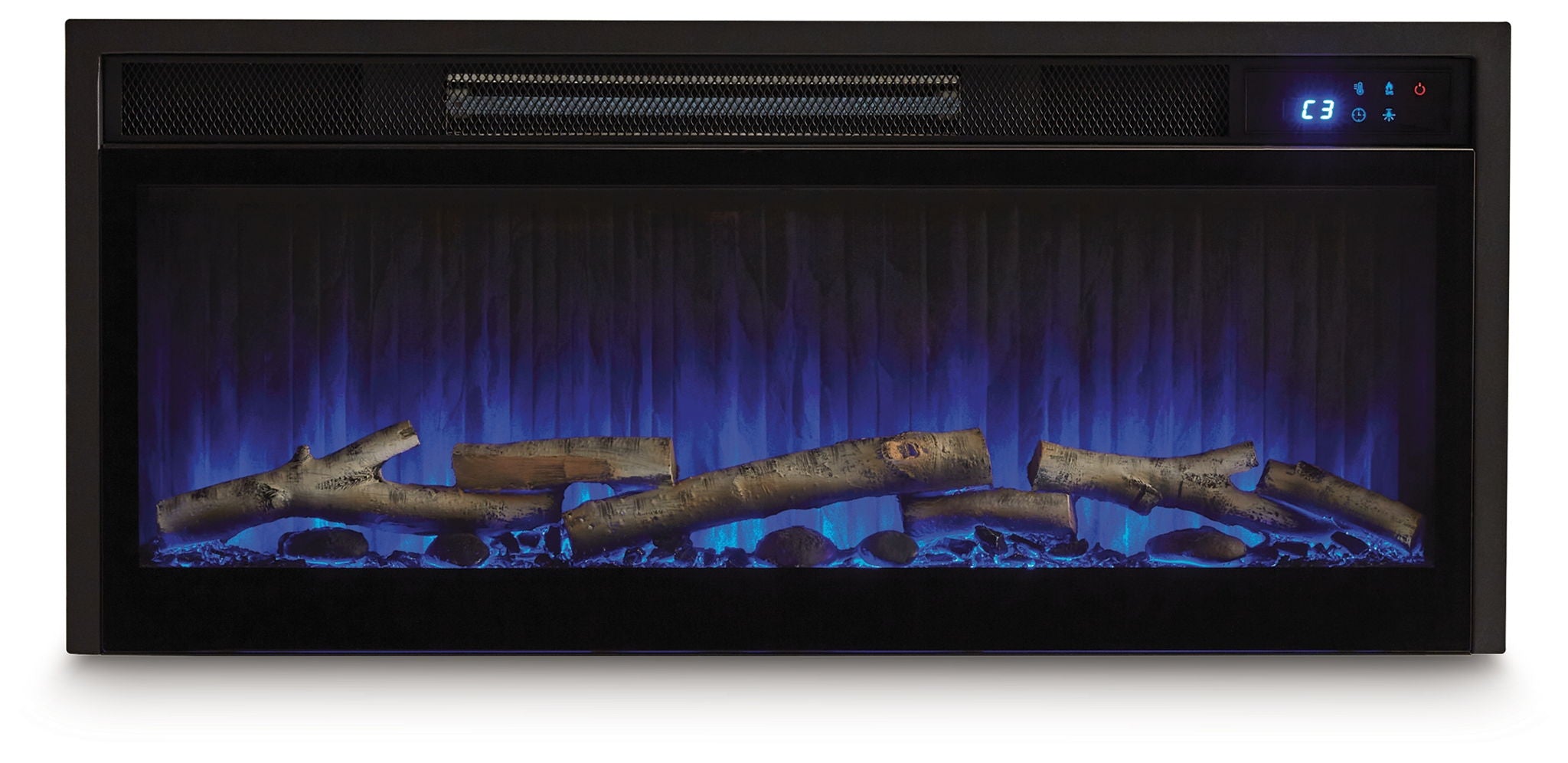 Black fireplace insert showing faux birch logs with blue LED glow and control display.