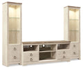 Beige entertainment center with open shelves, cabinet drawers, and side glass display panels