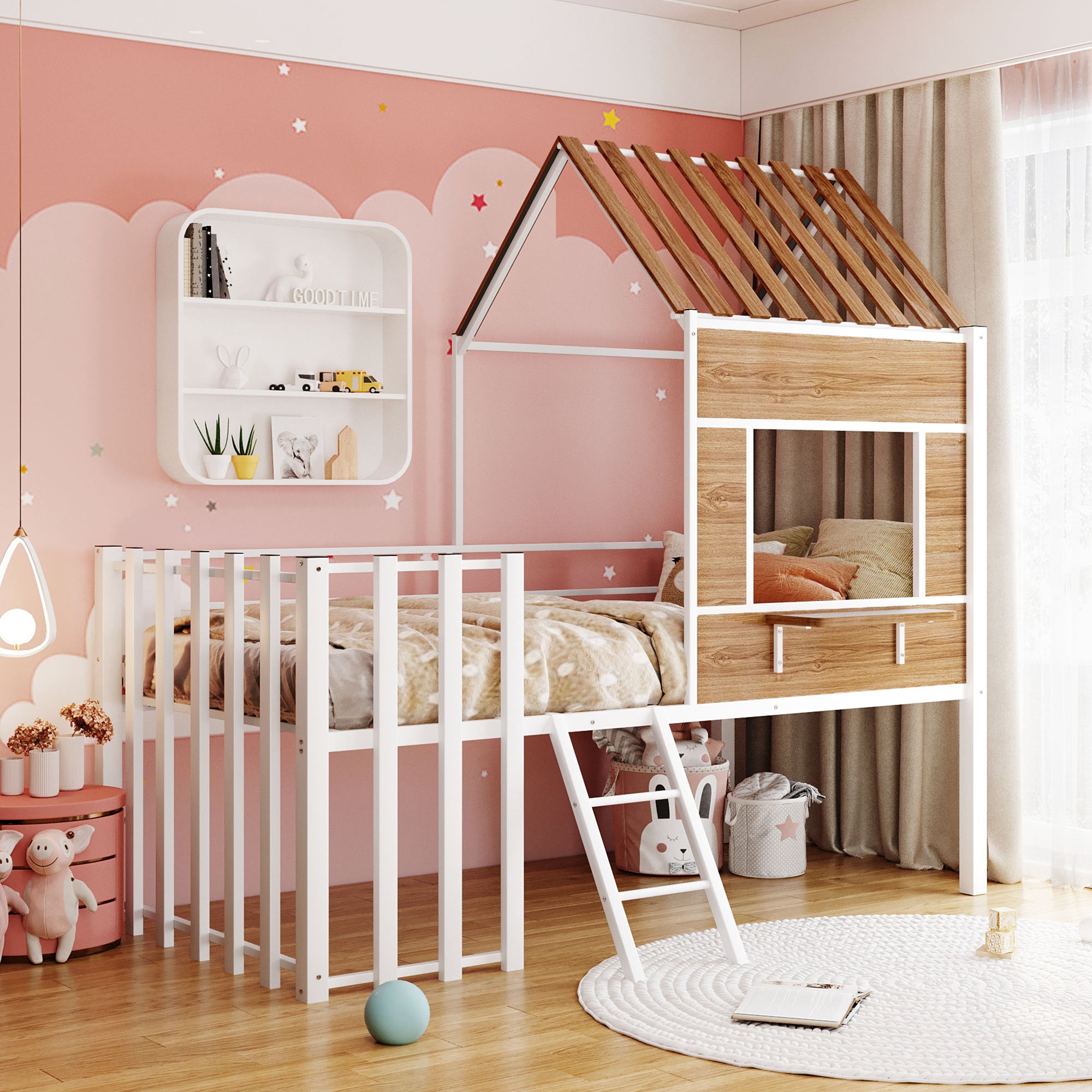 White Metal Twin Loft Bed w/ Roof, Window, Guardrail, Ladder