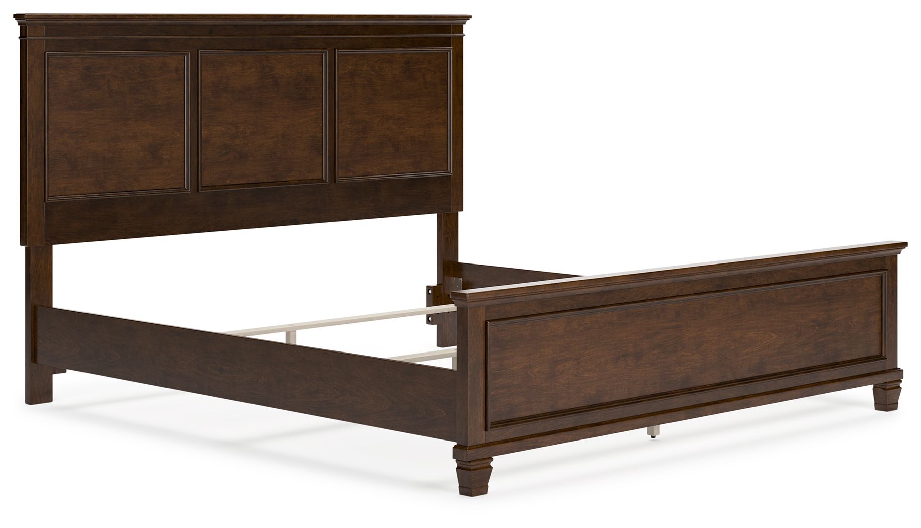 Dark brown panel bed frame with open under-bed storage and front drawer