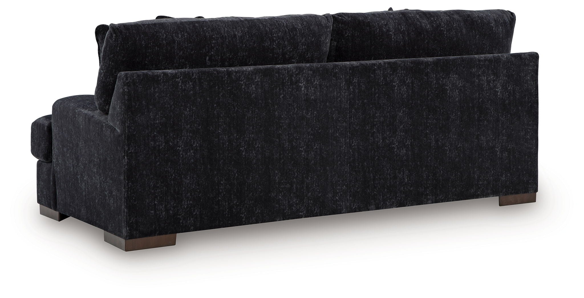 Dark fabric sofa with square arms and tufted seat cushions