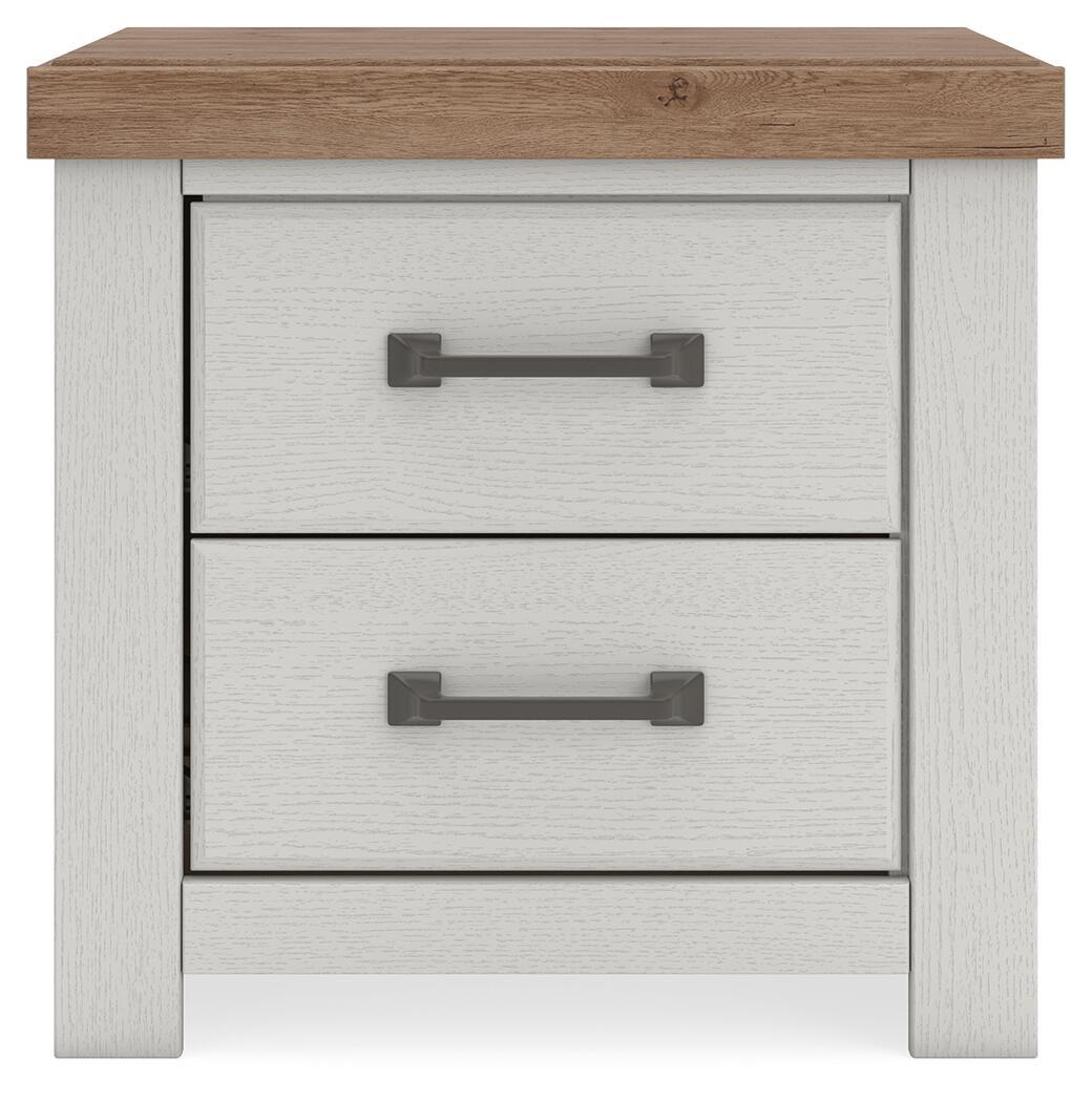 Two-drawer night stand in white with brown tabletop and two dark metal bar handles.