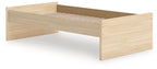 Light wood platform bed frame with open slat base and side panels