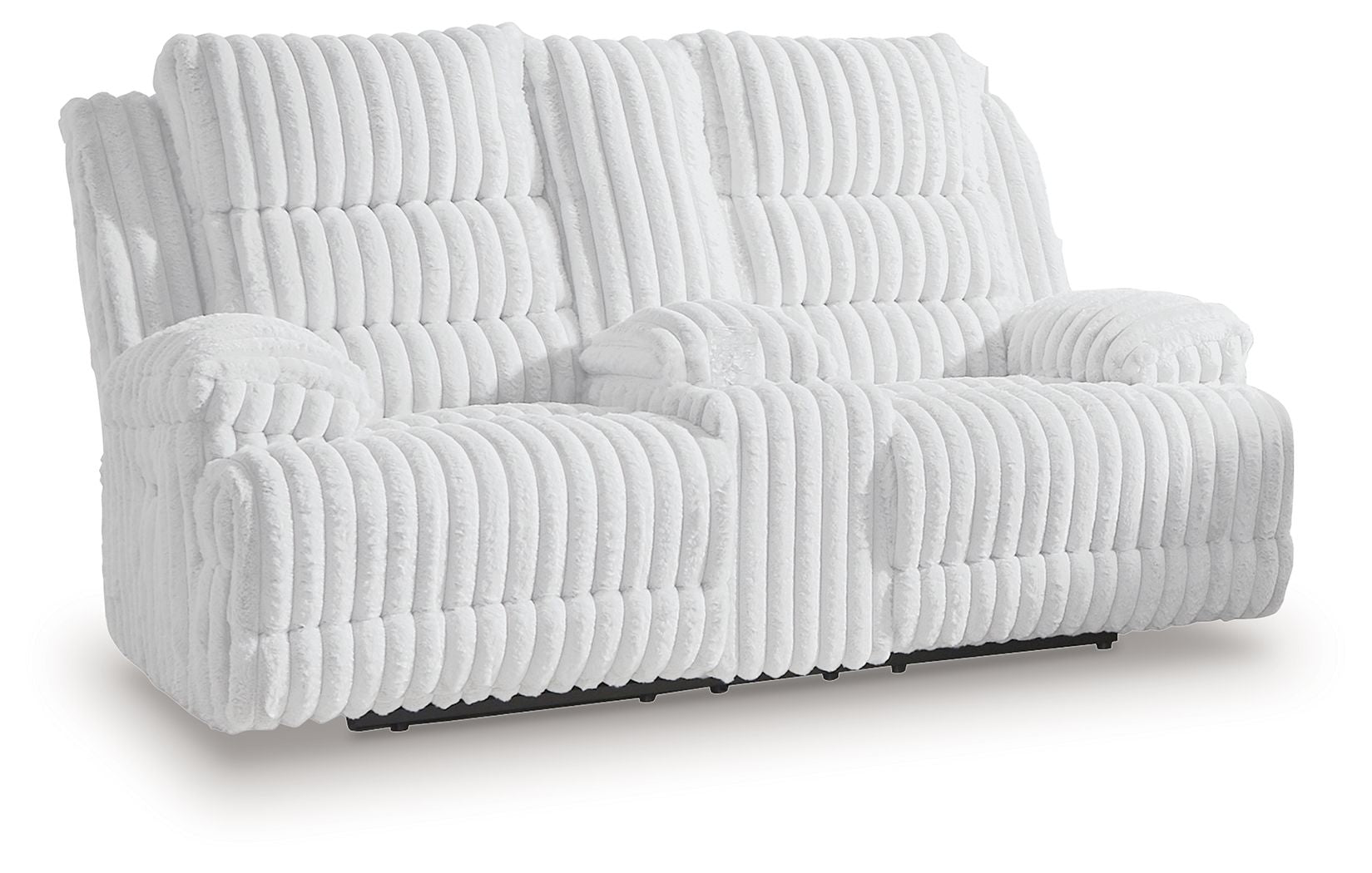 White channel-tufted double reclining loveseat with padded armrests, extended footrests