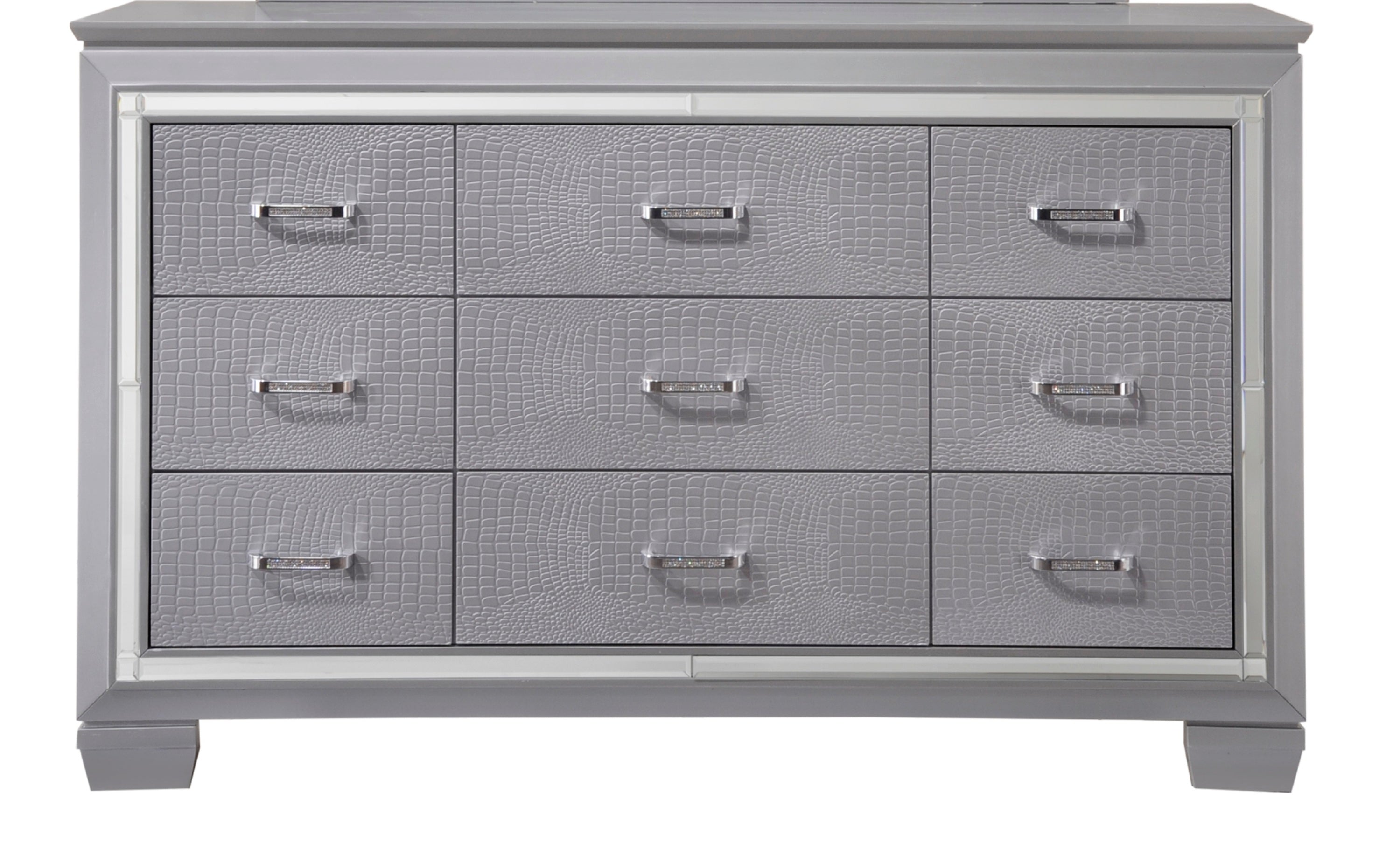 Modern 9-Drawer Silver Dresser with Mirror Accents