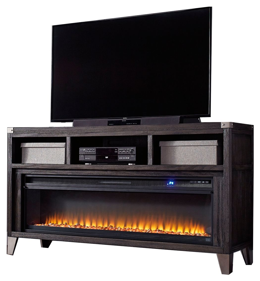 Gray media console with open shelves and wide electric fireplace insert with flames