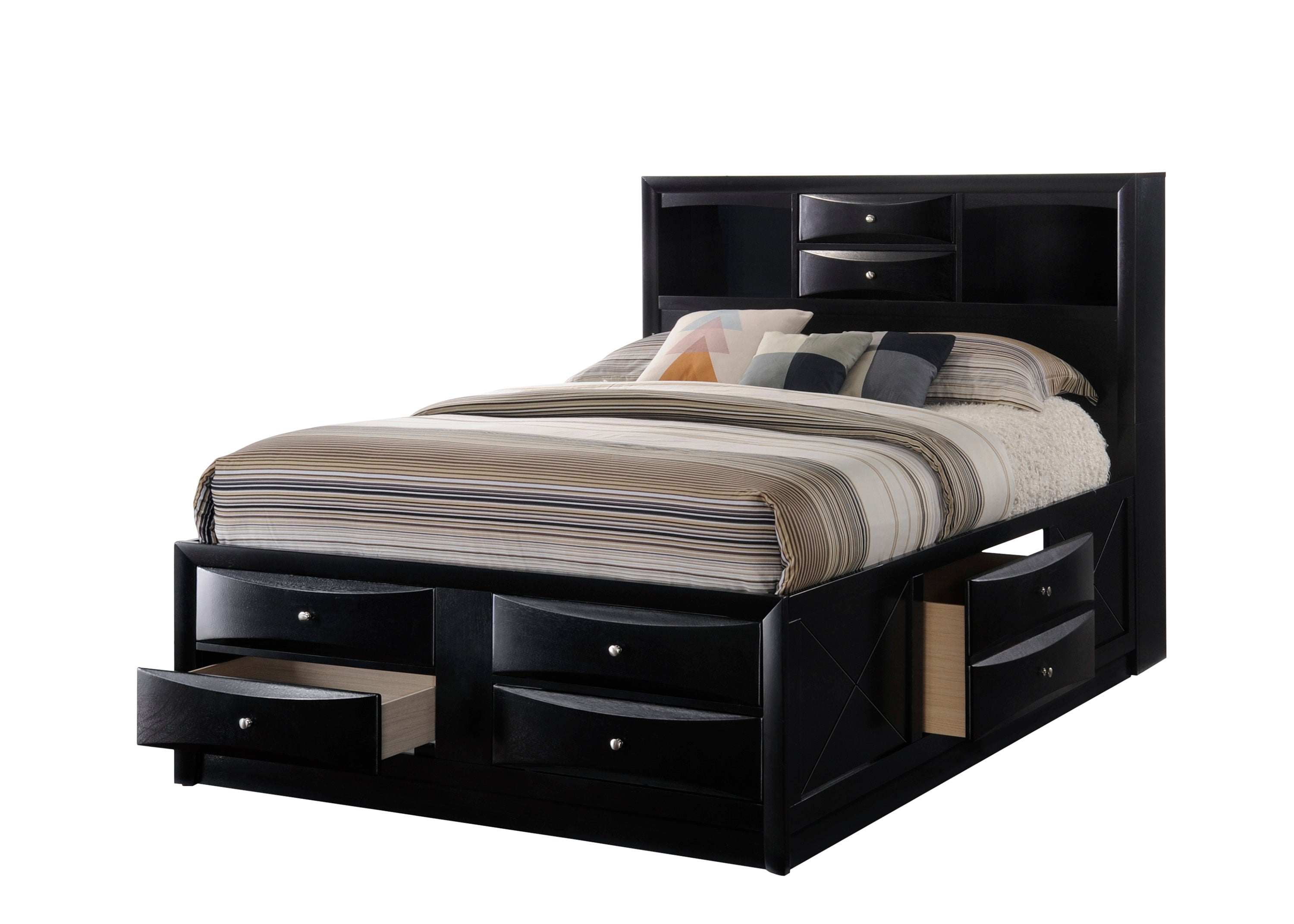 Black Solid Wood Queen Captain's Platform Bed w/ Bookcase & Storage