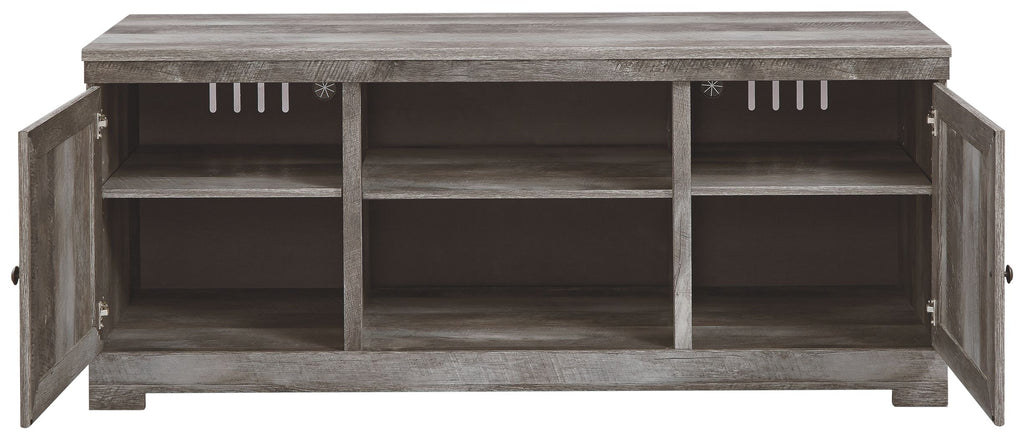 Gray TV stand with fireplace option, doors open to reveal three inner shelves