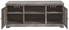 Gray TV stand with fireplace option, doors open to reveal three inner shelves