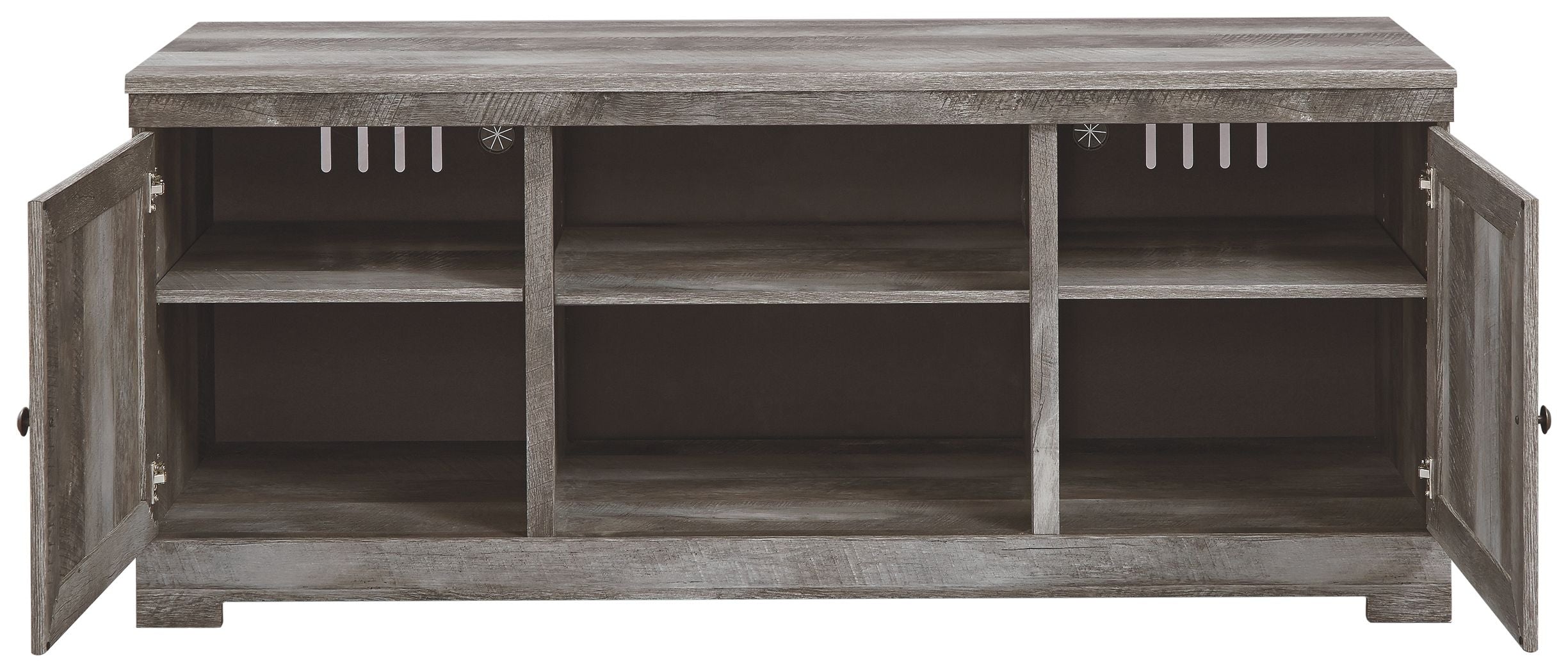 Gray TV stand with fireplace option, doors open to reveal three inner shelves