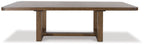Rectangular dining table with light brown wood top and two crosswise support frames