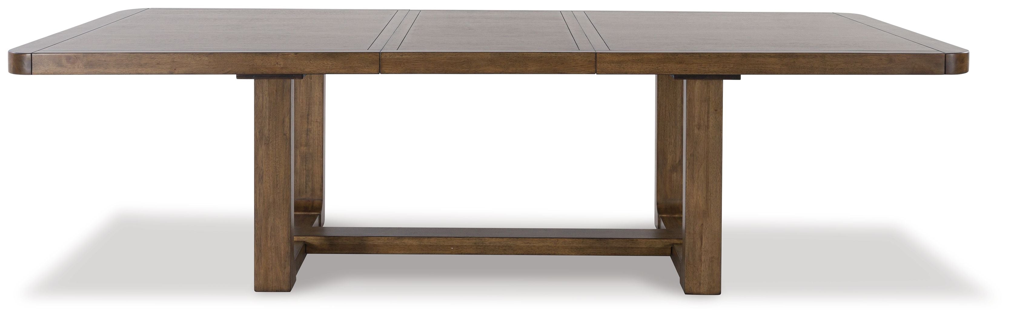 Rectangular dining table with light brown wood top and two crosswise support frames