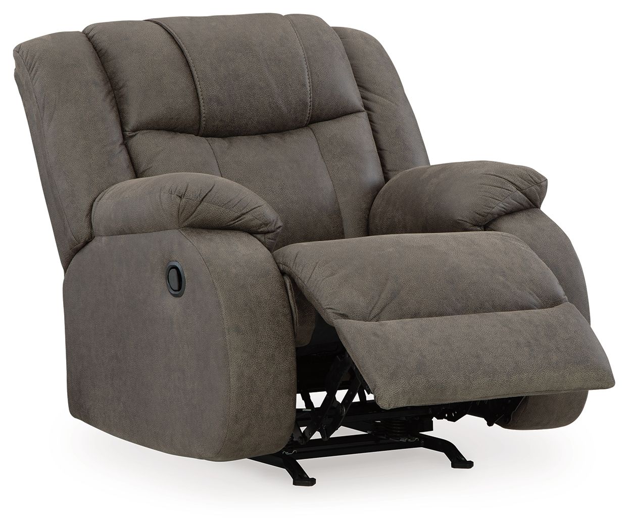 Gunmetal gray recliner with wide armrests, tufted back, and extending footrest