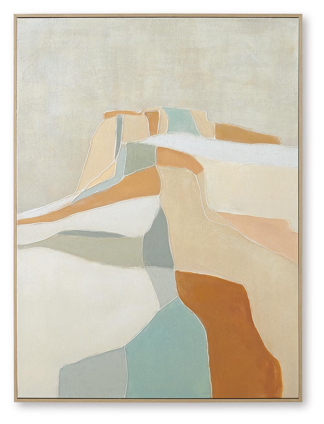 Framed abstract wall art with tan, blue, and white geometric shapes