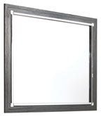 Gray square mirror with chrome trim and metal-framed edges