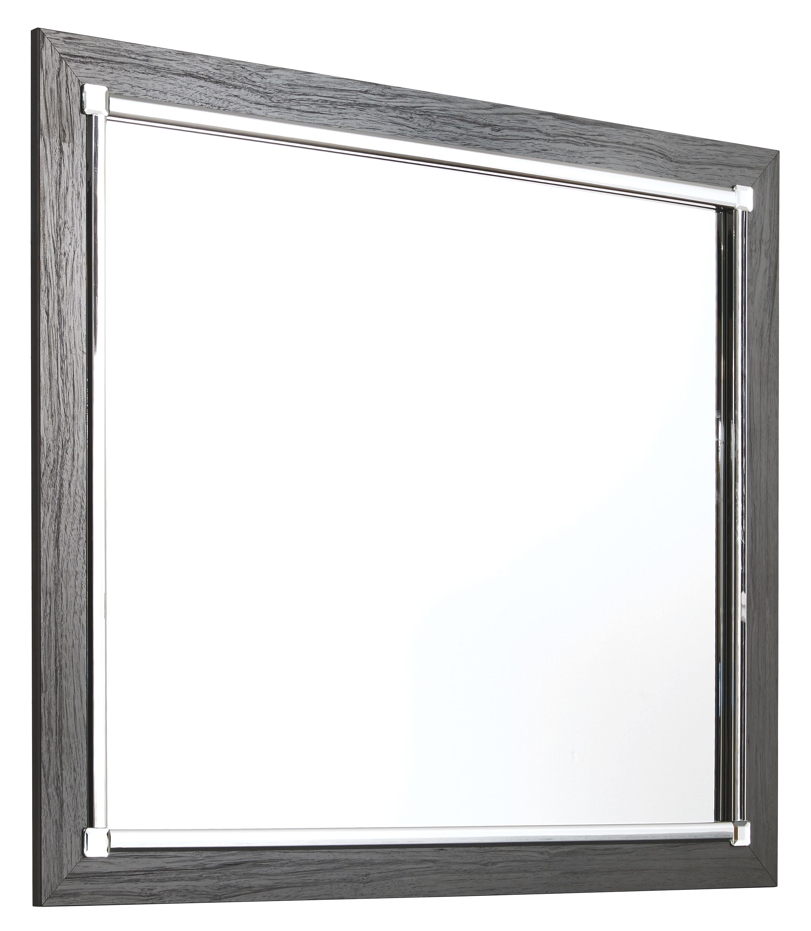 Gray rectangular mirror with silver frame and hinged glass
