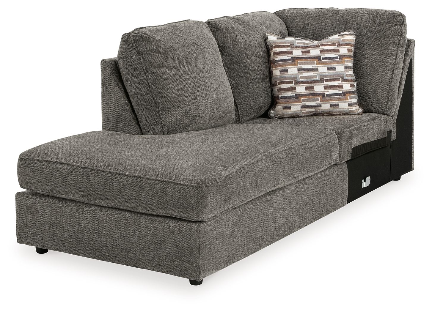 Gray chaise lounge with two back cushions, patterned pillow, and black support base