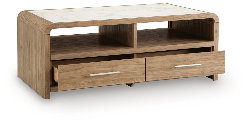 Light brown rectangular table with two drawers, two open compartments, and sleek bar pulls