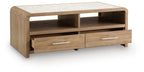 Light brown rectangular table with two drawers, two open compartments, and sleek bar pulls