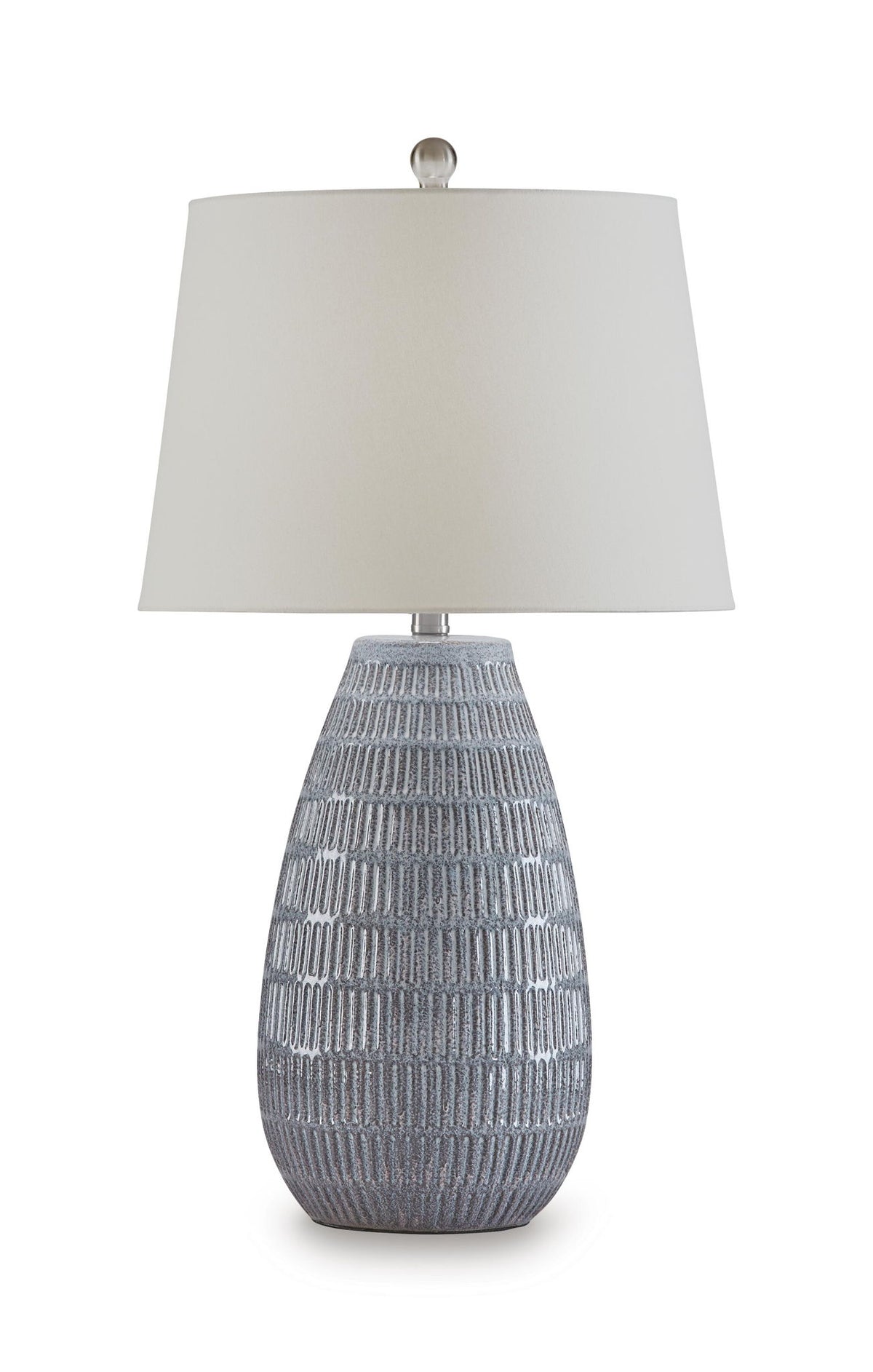 Ceramic table lamp with white drum shade and blue-gray teardrop ceramic base