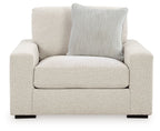 Upholstered chair and a half with single seat cushion and two back pillows, beige linen