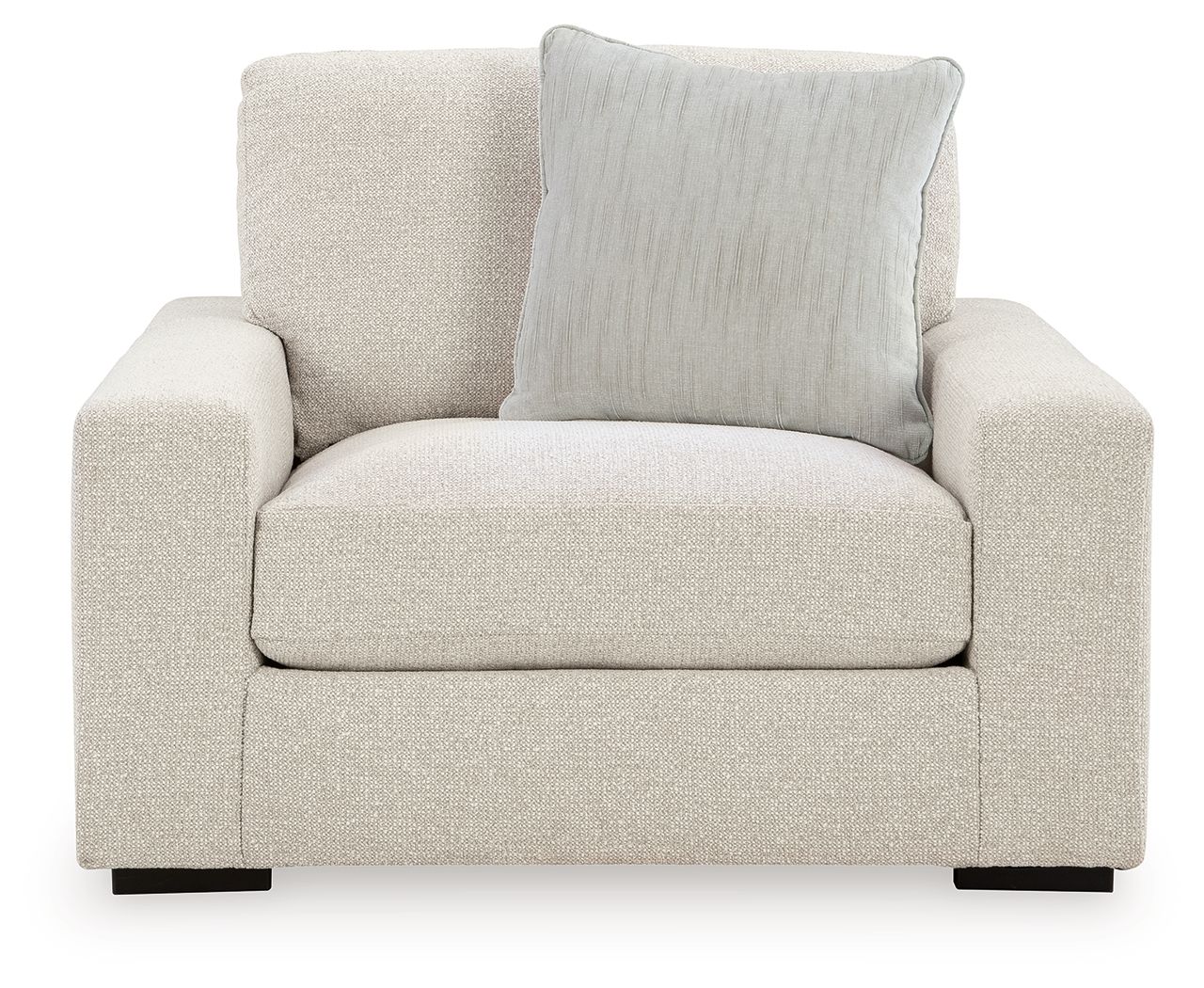 Upholstered chair and a half with single seat cushion and two back pillows, beige linen