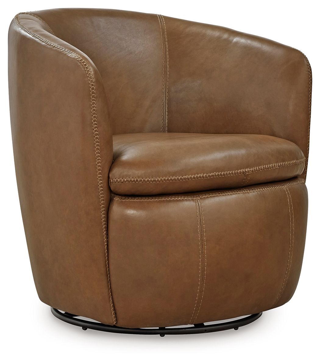 Tan leather-look swivel chair with rounded arms, stitched seams, and cushioned seat.