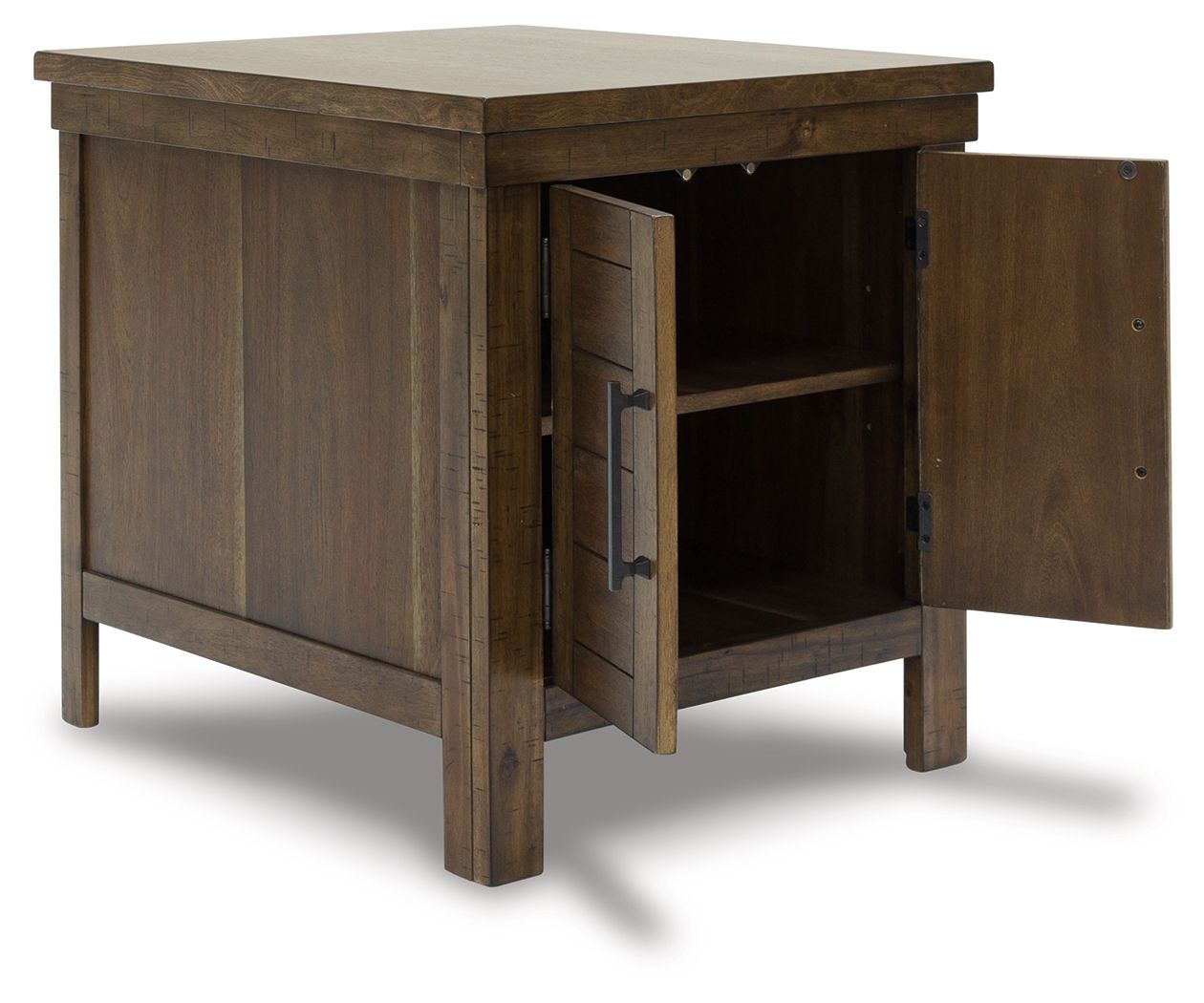 Rectangular end table with open cabinet doors showing interior shelves