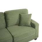 Green corduroy sectional sofa with side armrest and ribbed seat cushion