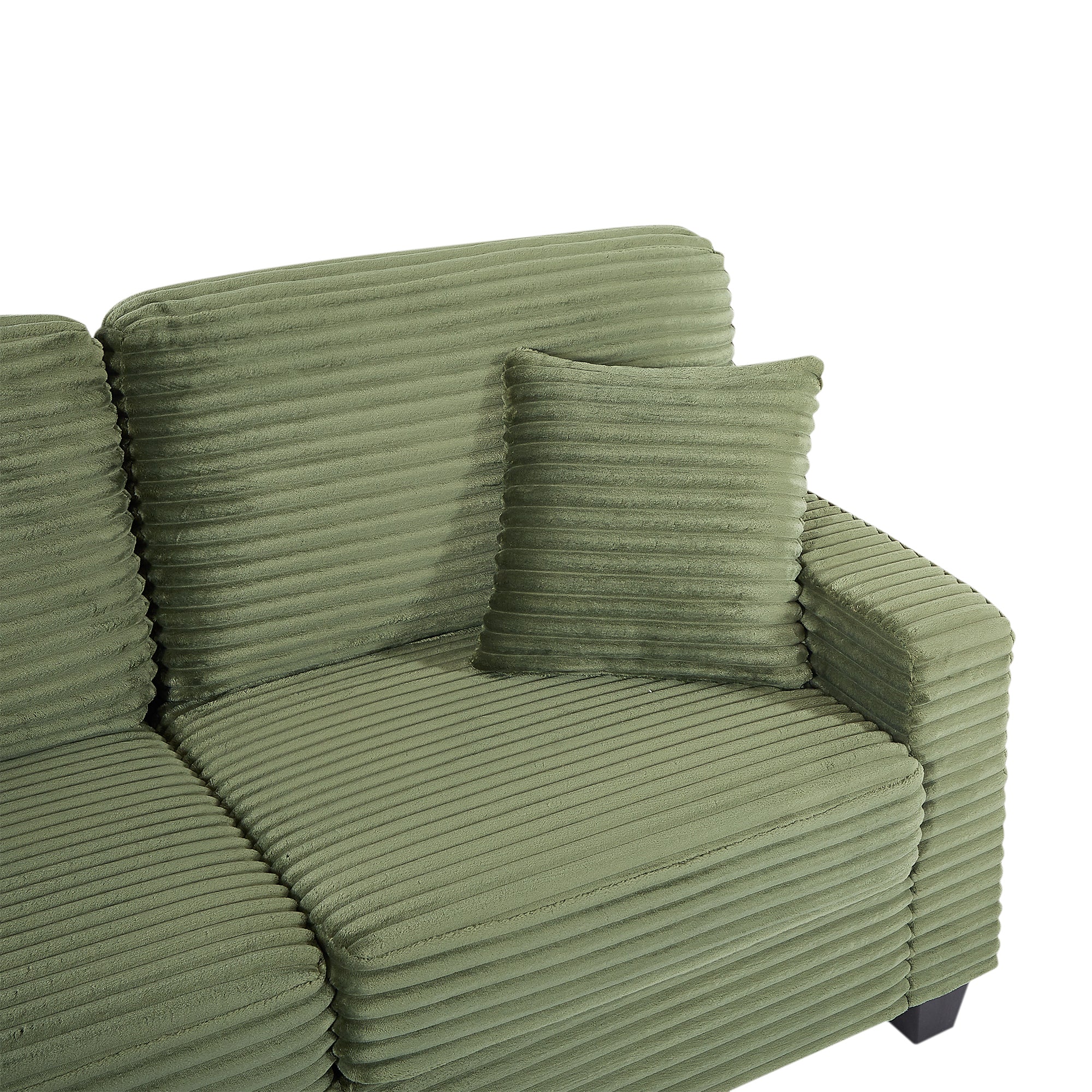 Green corduroy sectional sofa with side armrest and ribbed seat cushion